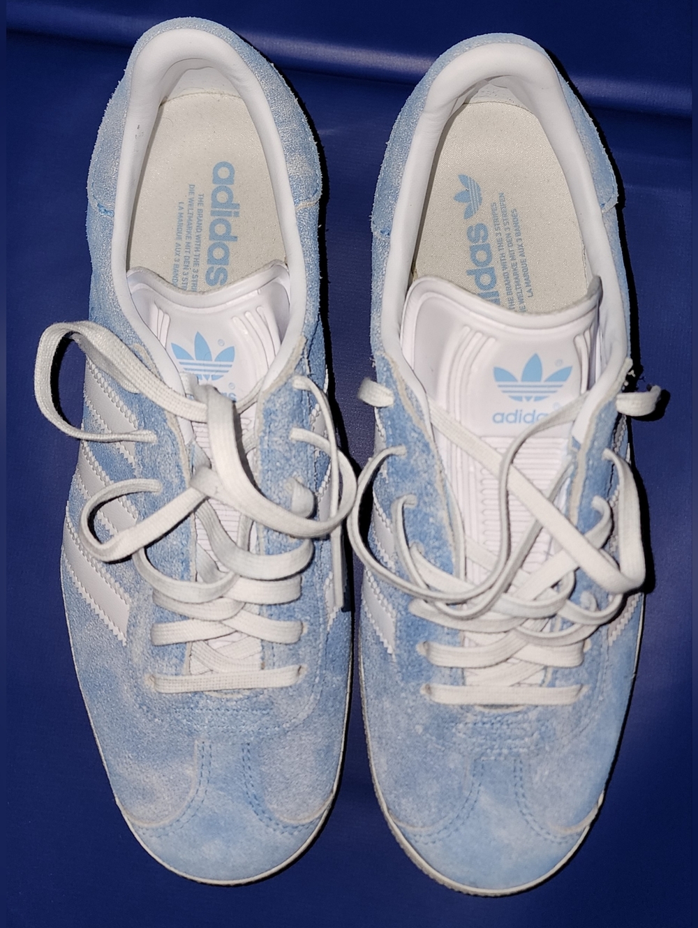 Adidas Gazelle 'Washed Blue' sneakers. Light blue suede with white accents. 